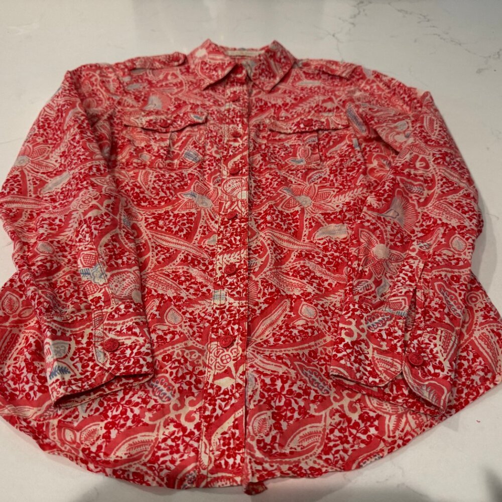 Tory Burch Long Sleeve Button Down Pink Floral Print Cotton Shirt (Size 2)